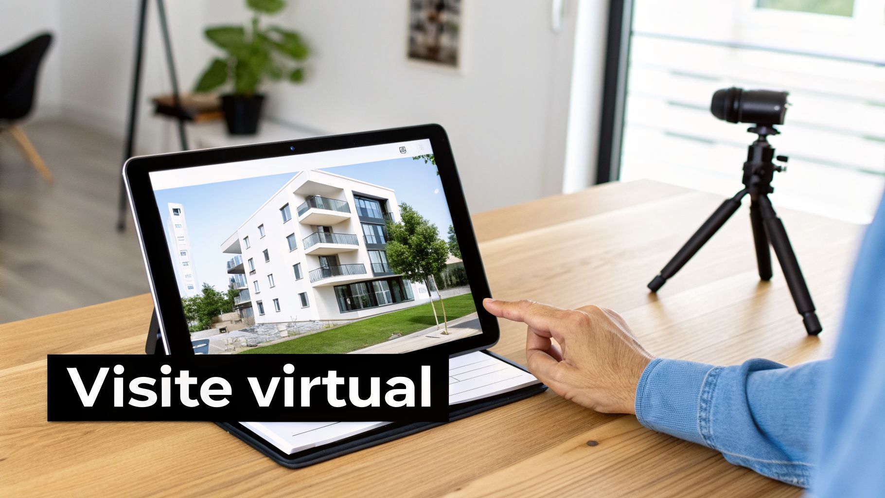Une main parcourt une tablette présentant un immeuble moderne avec un jardin, symbolisant une visite virtuelle immobilière.