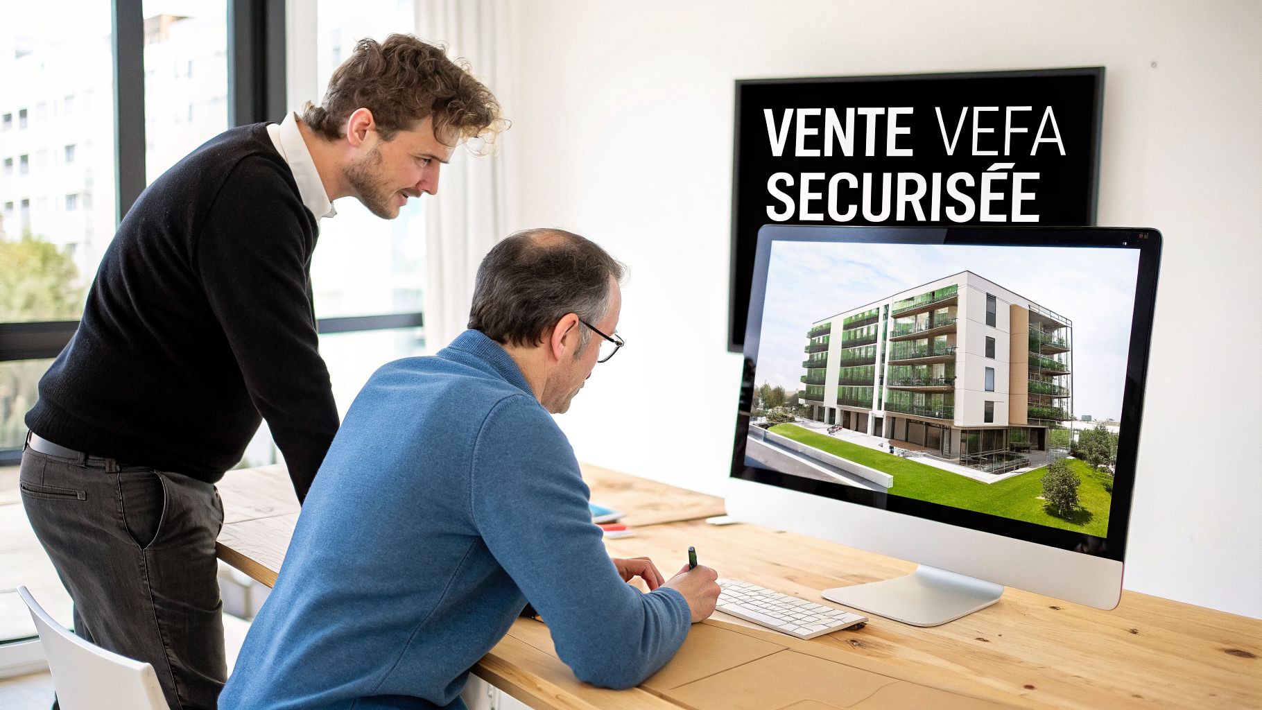 Deux hommes d'affaires regardent un projet immobilier sur un écran d'ordinateur, avec le texte "VENTE VEFA SECURISÉE" affiché.