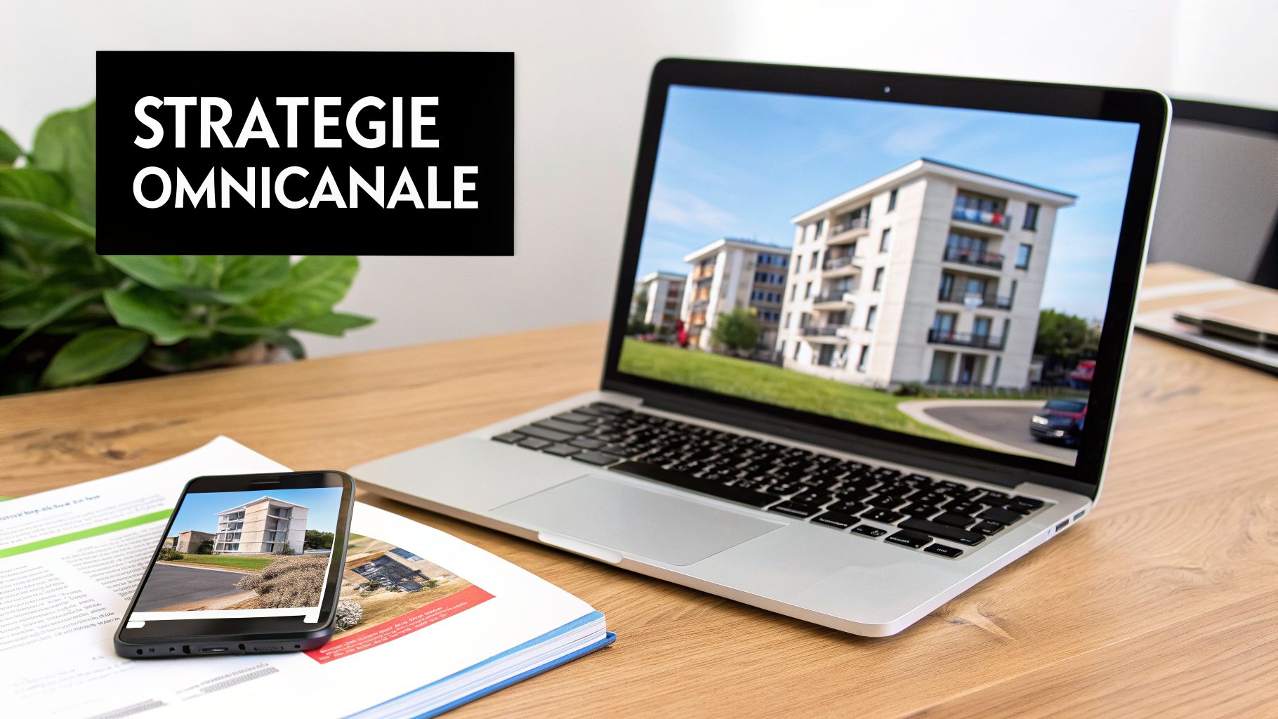 Ordinateur portable et smartphone affichant des bâtiments modernes, illustrant une stratégie omnicanale immobilière pour l'affichage multi-plateforme.