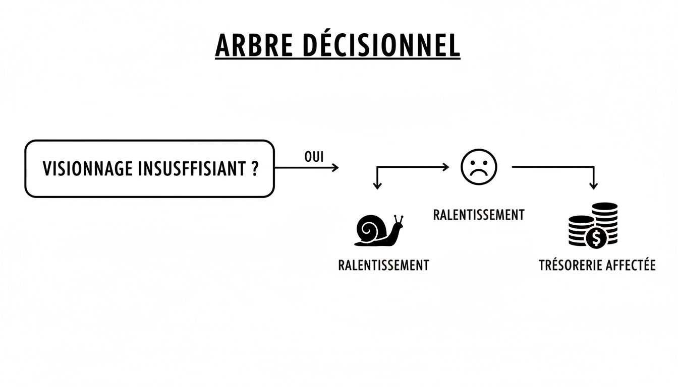Diagramme d'arbre décisionnel illustrant les conséquences d'un visionnage insuffisant : ralentissement et trésorerie affectée.