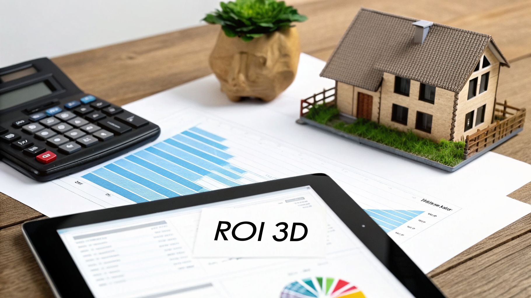 Calculatrice, maquette de maison et tablette avec des graphiques de ROI 3D sur un bureau en bois.