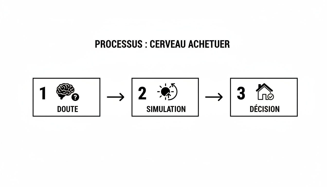 Diagramme illustrant le processus du cerveau acheteur en trois étapes : doute, simulation et décision.