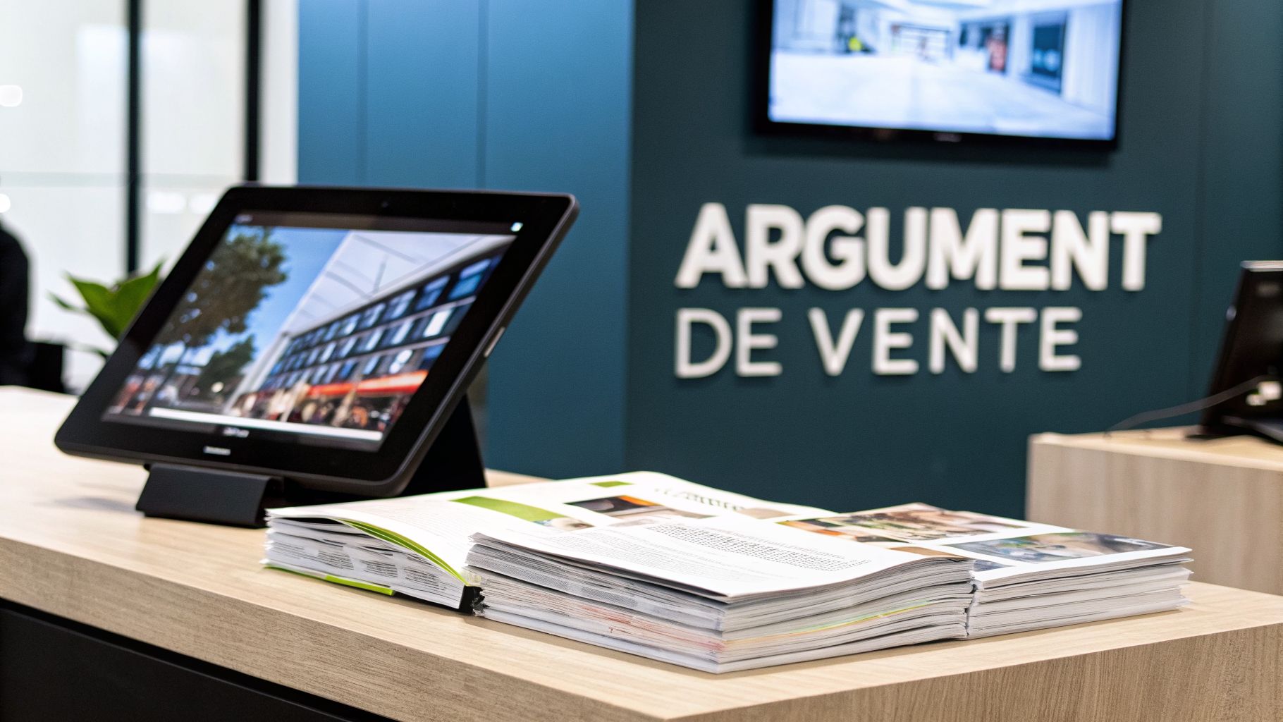 Tablette numérique, magazines et signalétique "ARGUMENT DE VENTE" sur un comptoir en bois, dans un espace commercial moderne.