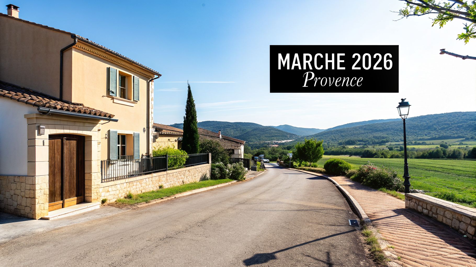 Une maison provençale traditionnelle avec des volets, une rue, des montagnes et des champs sous un ciel bleu.