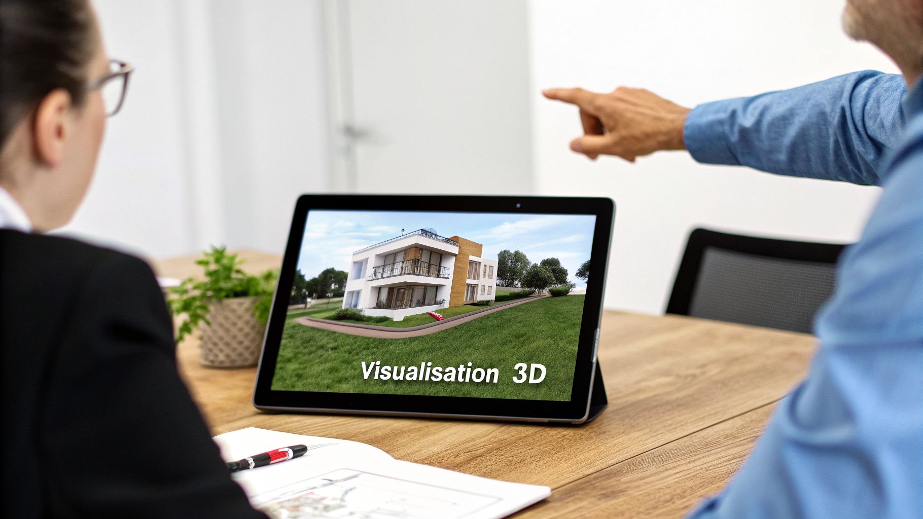 Deux personnes examinent une visualisation 3D d'une maison moderne sur une tablette, discutant du projet.