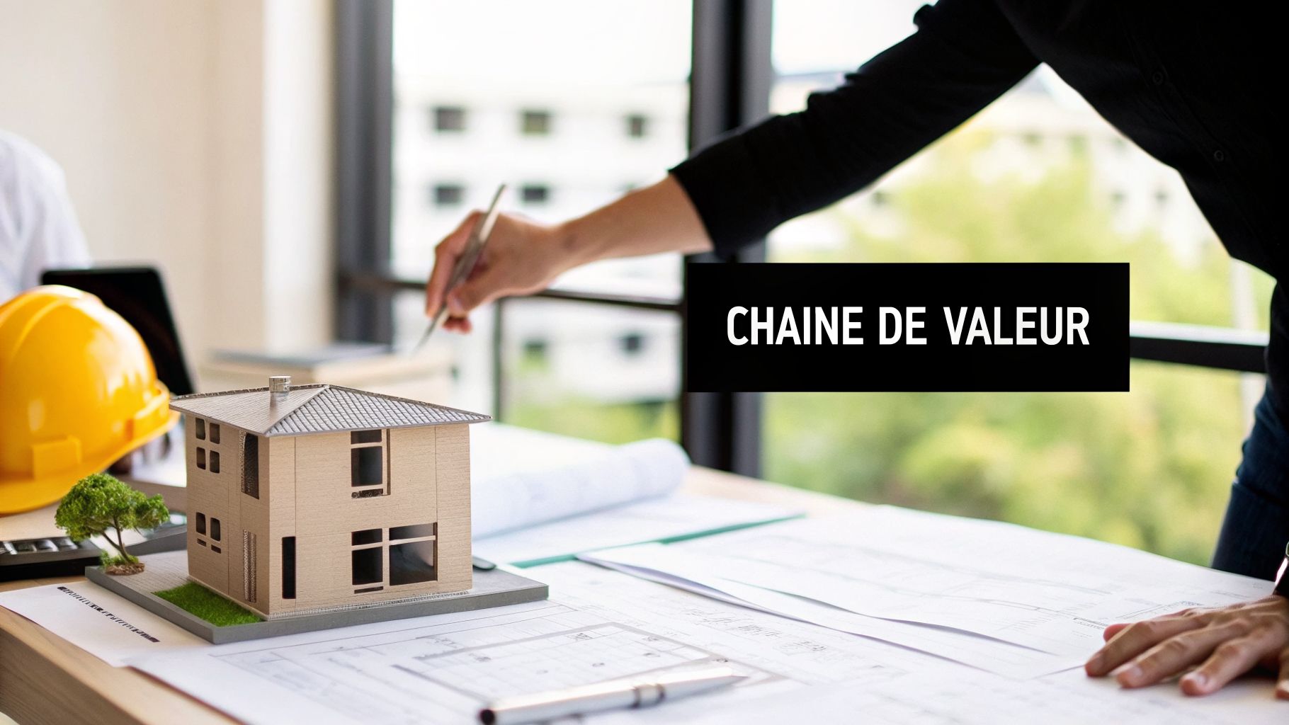 Maquette de maison sur un bureau avec plans, casque de chantier et main pointant, affichant 'CHAINE DE VALEUR'.