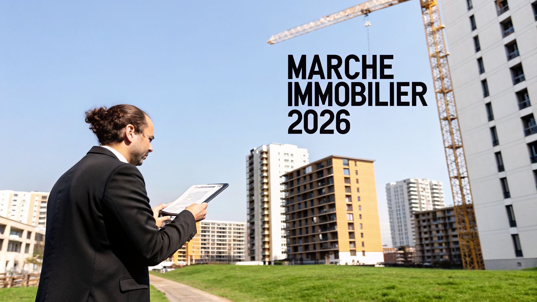 Homme d'affaires lisant un document devant des bâtiments modernes et une grue, avec le texte "MARCHE IMMOBILIER 2026".