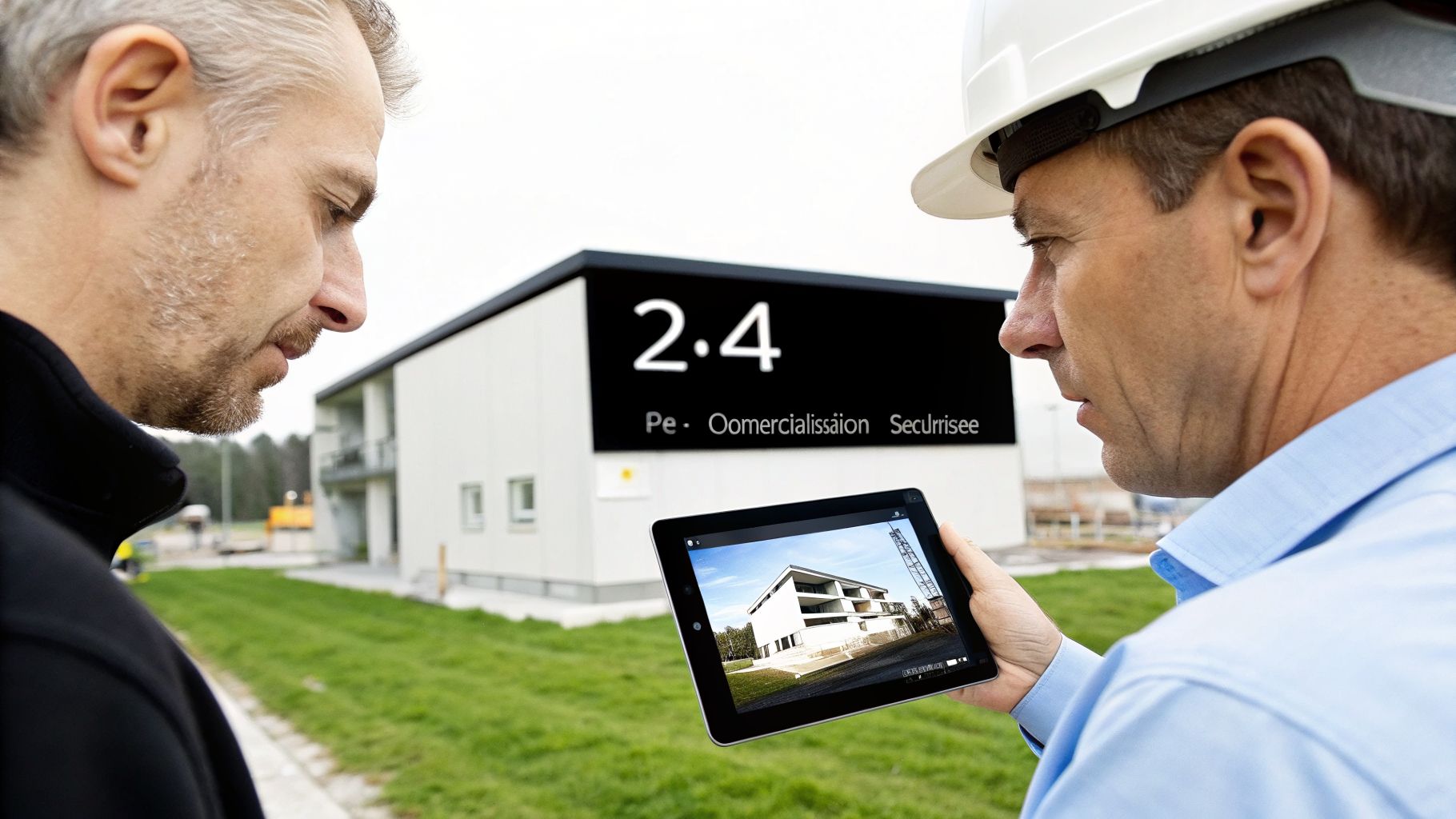 Ingénieur et promoteur sur un chantier, analysant le projet sur une tablette.