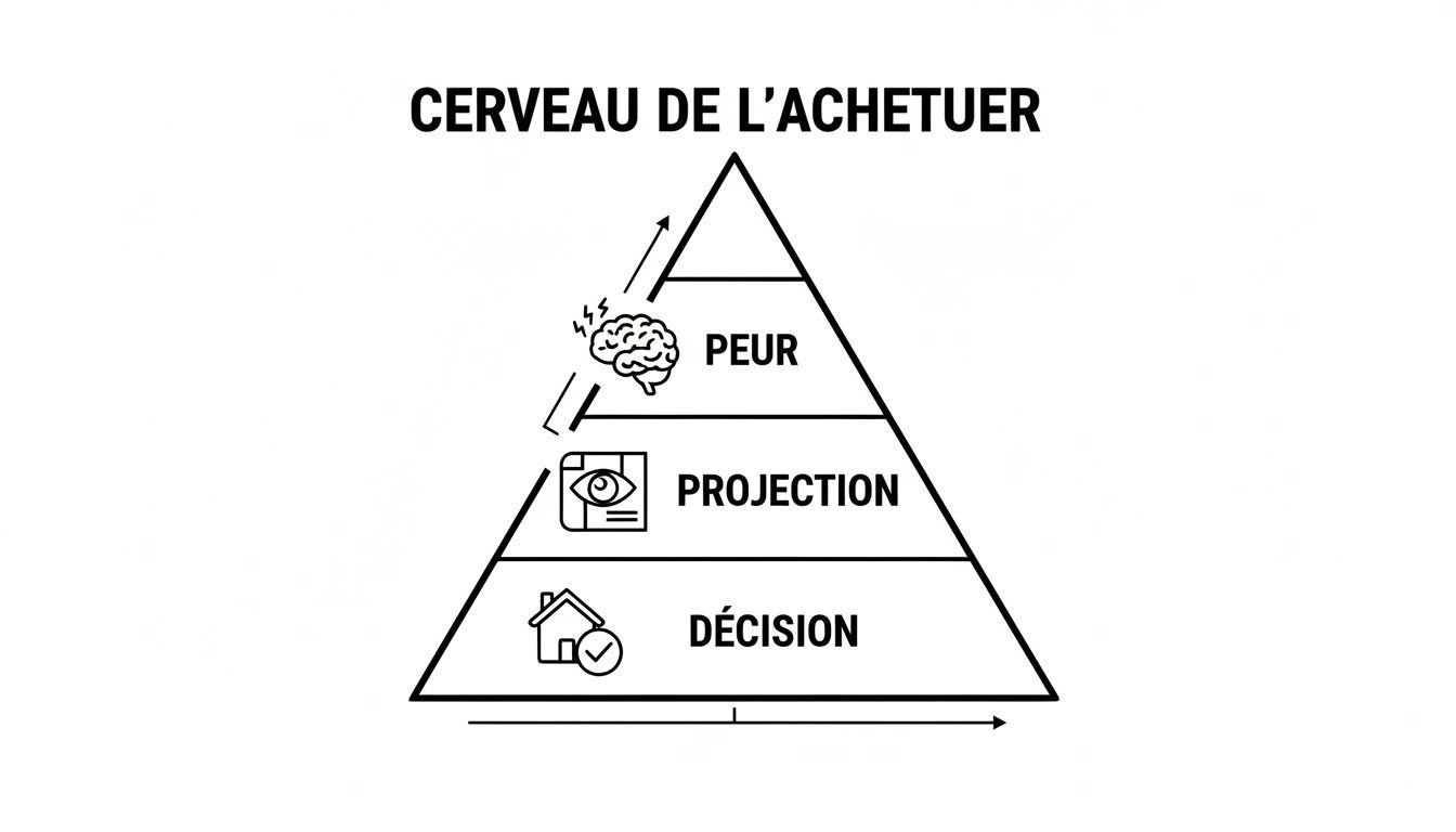 Diagramme du cerveau de l'acheteur en forme de pyramide, montrant les étapes clés : peur, projection et décision d'achat.