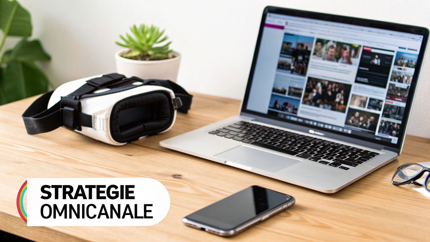 Un bureau moderne avec un ordinateur portable, un casque de réalité virtuelle, un smartphone et le texte "STRATEGIE OMNICANALE".