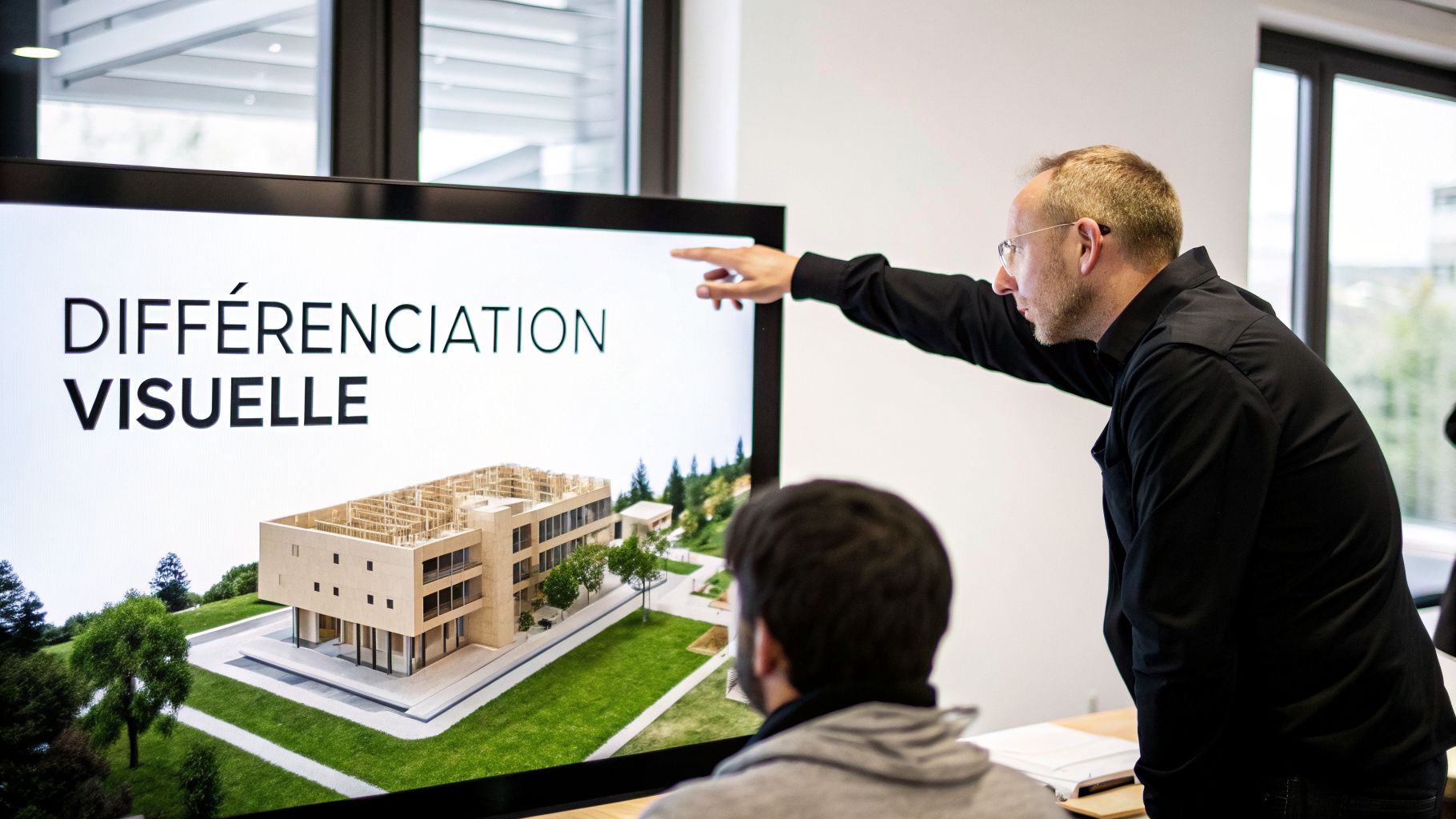 Un homme présente une modélisation architecturale 3D de bâtiment et un texte sur un grand écran.
