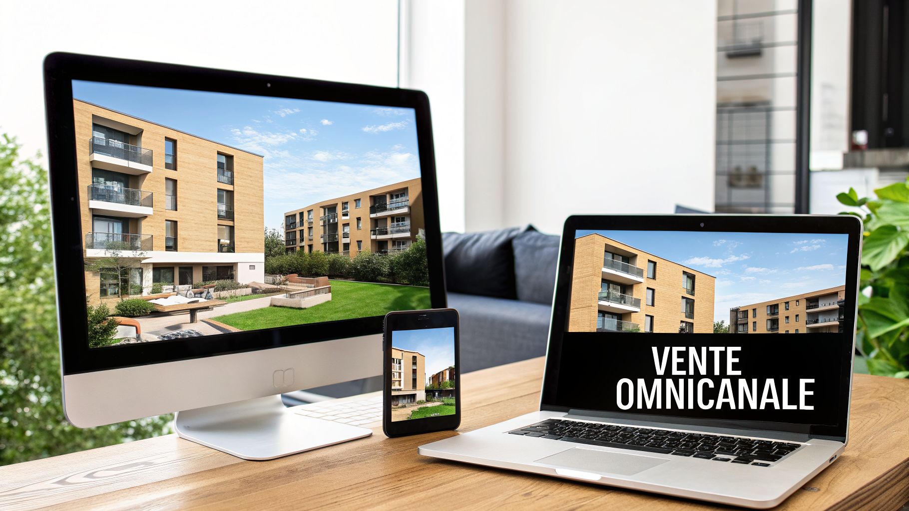 Moniteur, smartphone et ordinateur portable affichant des images d'appartements modernes et le texte 'Vente Omnicanale'.