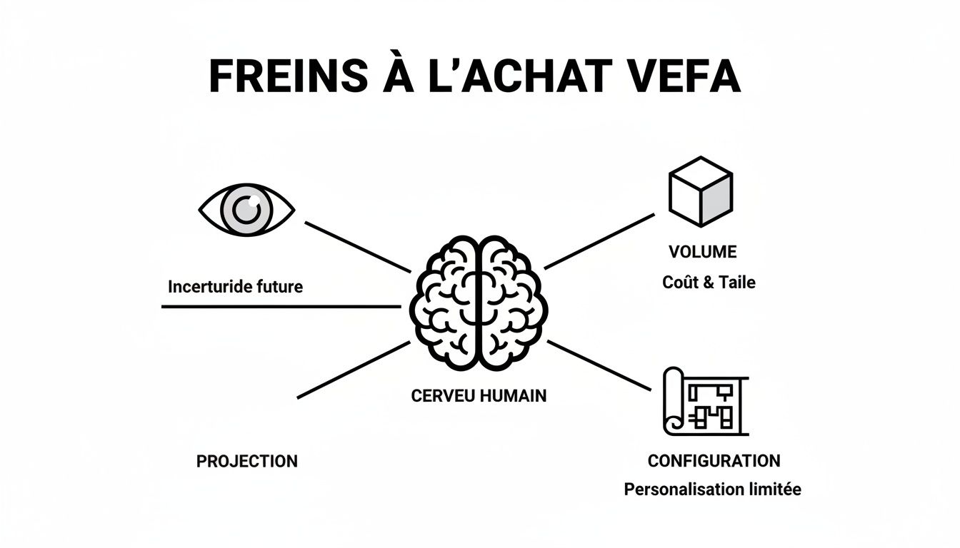 Diagramme illustrant les freins à l'achat VEFA, centrés sur le cerveau humain, incluant l'incertitude, le volume, la configuration et la projection.