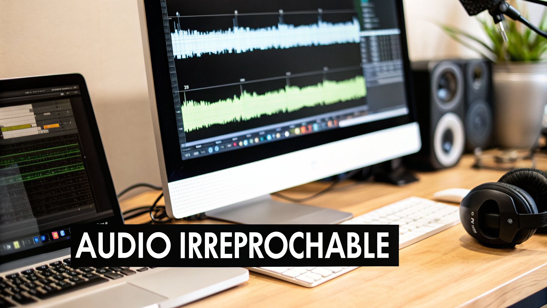 Un bureau moderne avec un ordinateur portable, un écran affichant des formes d'onde audio, des écouteurs, des haut-parleurs et un microphone, suggérant un studio d'édition sonore professionnel.