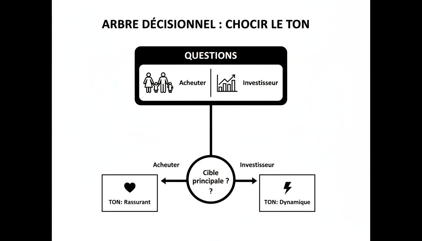 Diagramme d'arbre décisionnel pour choisir le ton de communication entre acheteur (rassurant) et investisseur (dynamique).