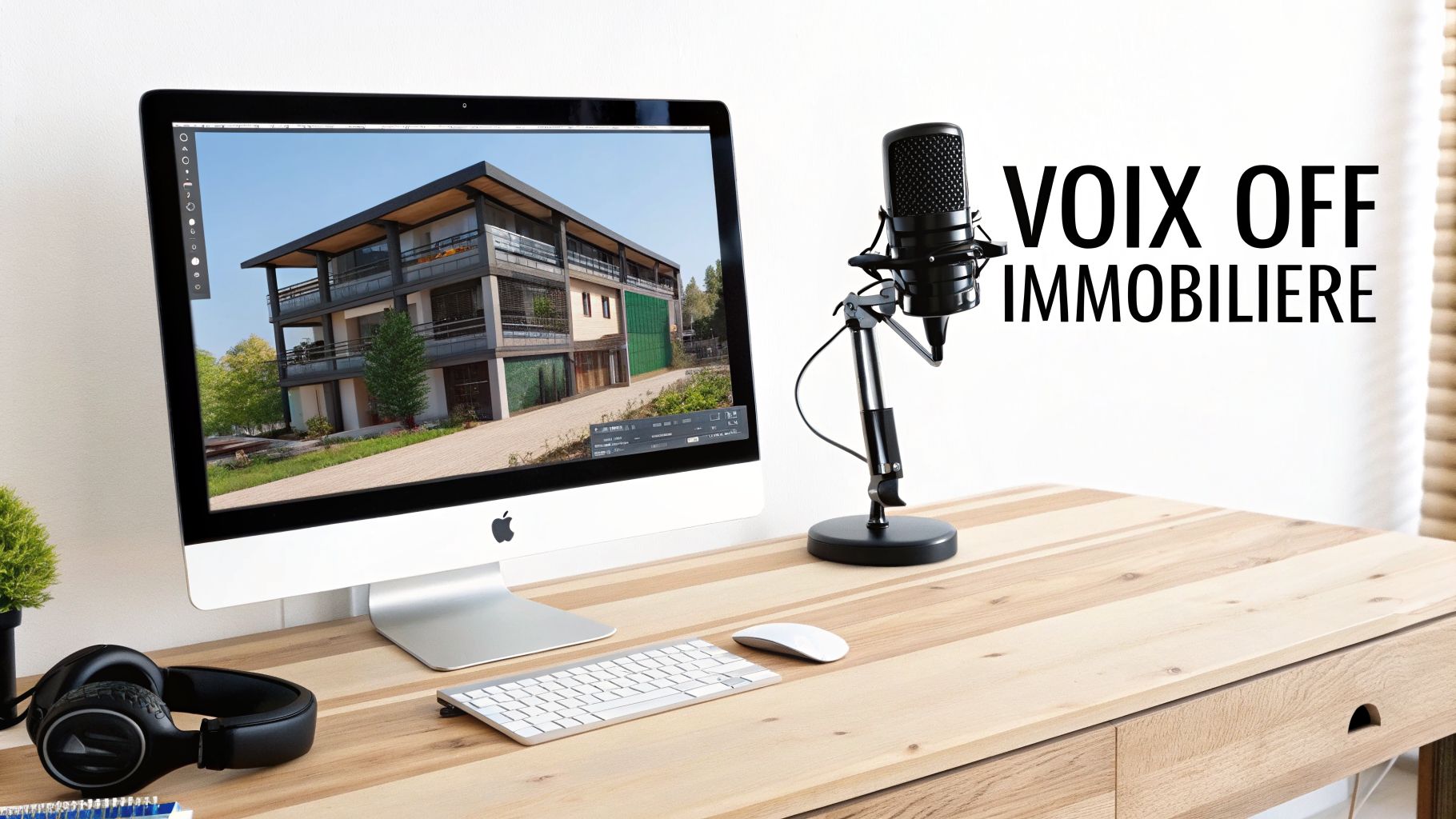 Un bureau moderne avec un ordinateur affichant un rendu 3D immobilier, un micro et un casque audio.