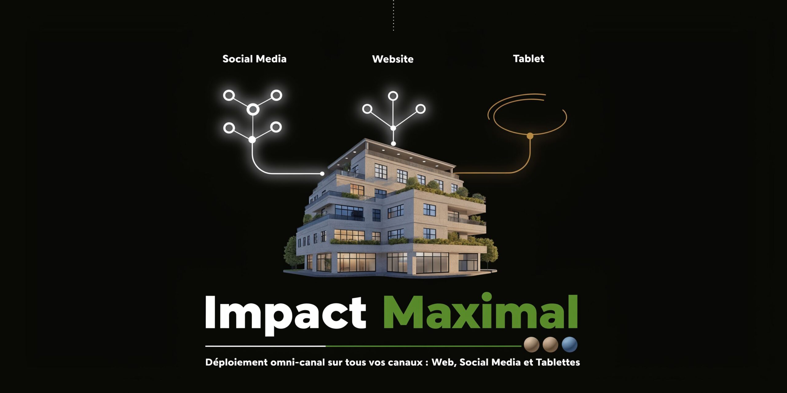Représentation visuelle d'un immeuble 3D connecté à des outils numériques comme les réseaux sociaux, sites et tablettes.