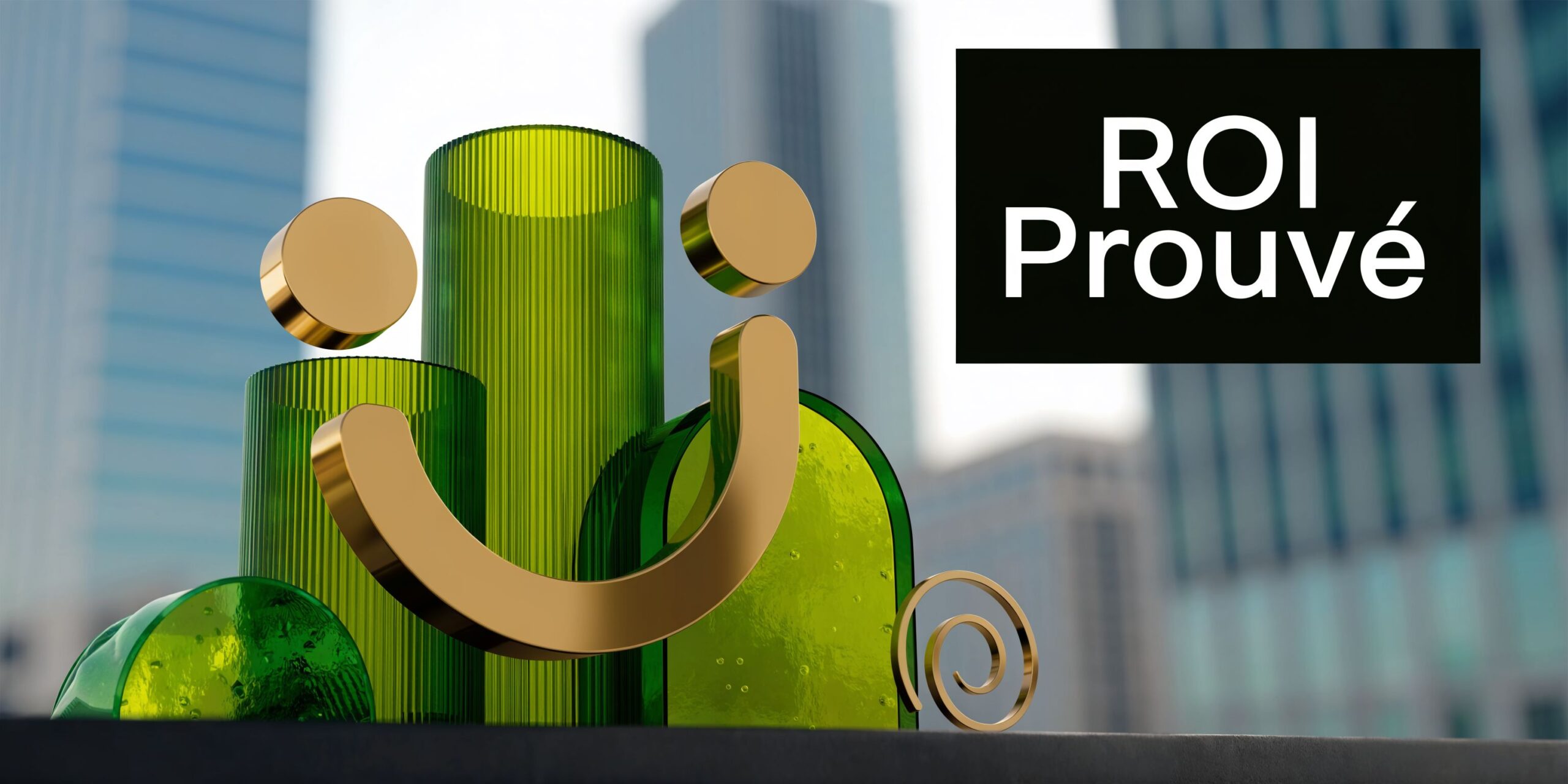 Illustration 3D montrant un visage souriant devant des bâtiments de ville avec le texte ROI Prouvé.