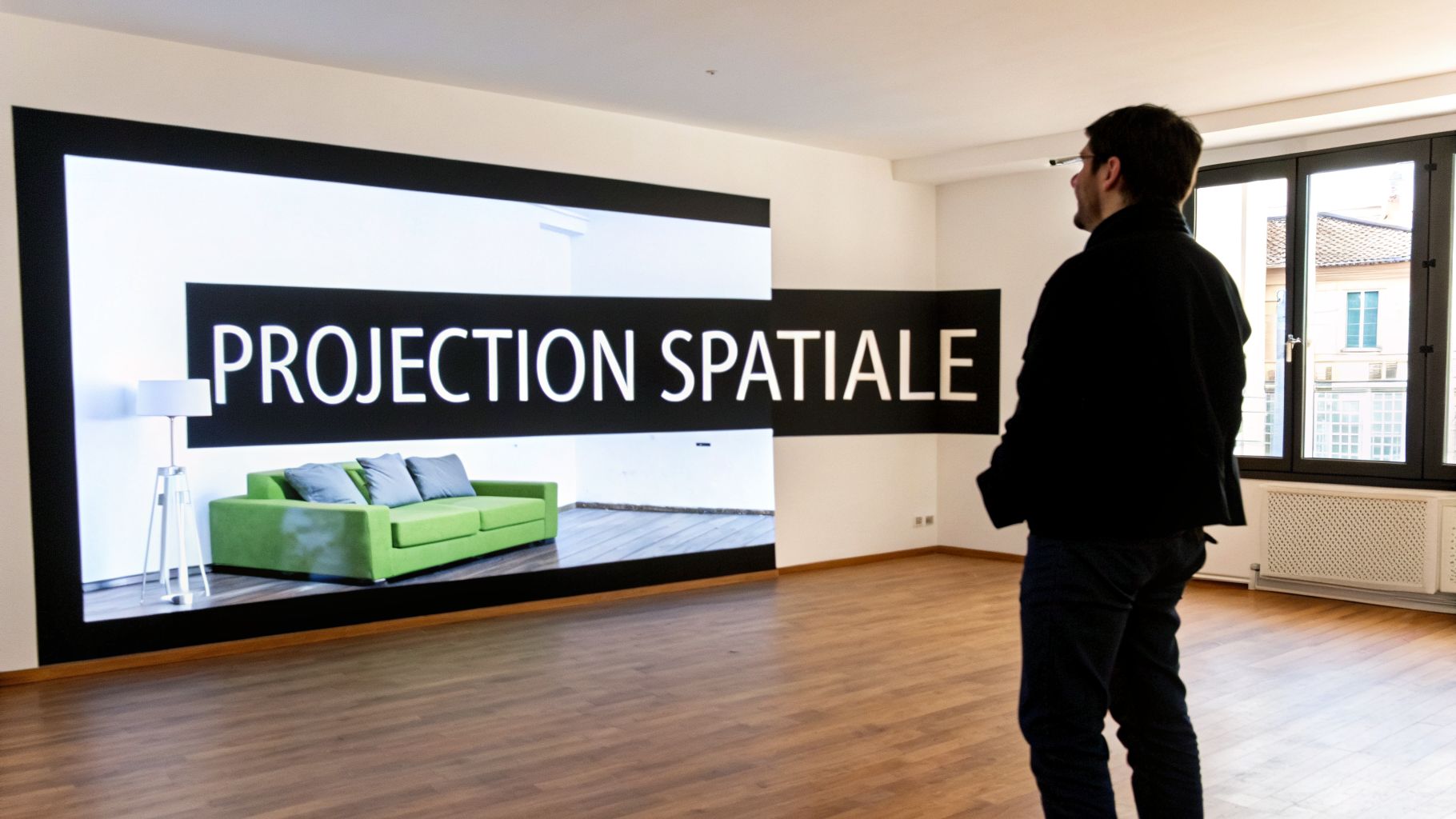 Un homme observe une projection murale affichant "PROJECTION SPATIALE" et un canapé vert moderne.
