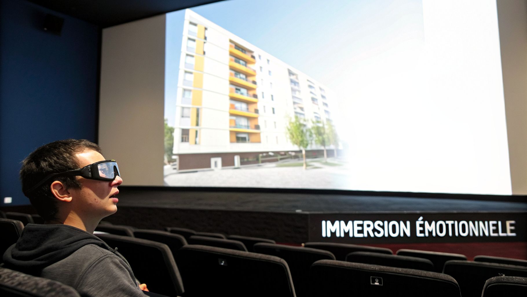 Jeune homme avec lunettes 3D regarde un écran géant montrant un immeuble moderne, avec le texte "IMMERSION ÉMOTIONNELLE".