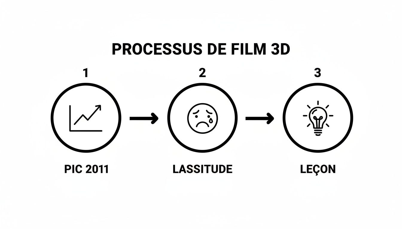 Diagramme du processus de film 3D montrant l'évolution, la lassitude et la leçon, avec des icônes explicatives.