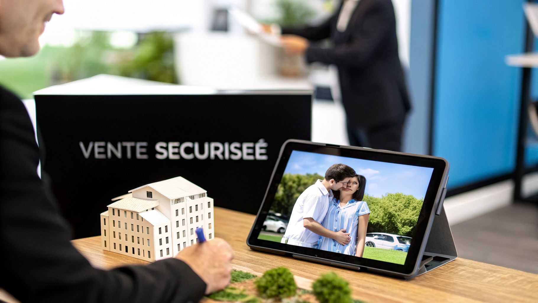 Un agent immobilier travaille à un bureau, près d'une maquette de bâtiment et d'une tablette affichant un couple heureux. Un panneau "Vente Sécurisée" est visible en arrière-plan.