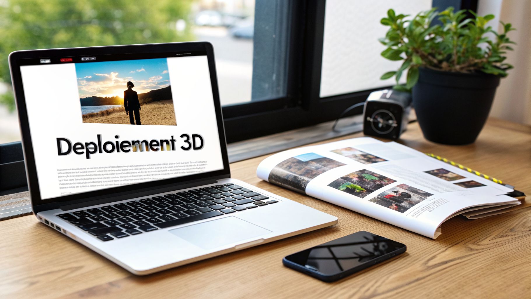 Un ordinateur portable affiche "Déploiement 3D" et un coucher de soleil, sur un bureau en bois avec un magazine et un smartphone.