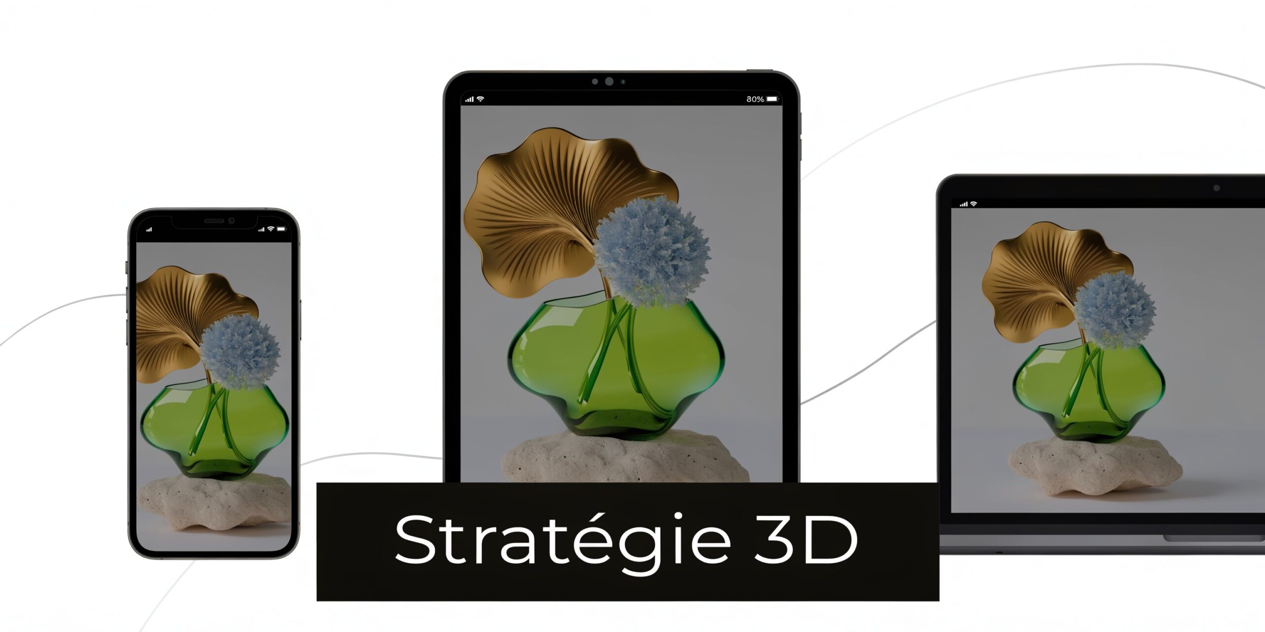Un smartphone, une tablette et un ordinateur affichant un vase design avec des fleurs en 3D.