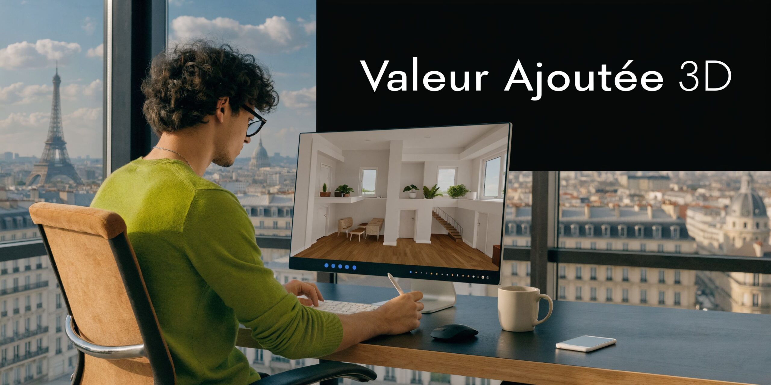 Un jeune homme travaillant sur une modélisation 3D d'intérieur devant une fenêtre donnant sur la tour Eiffel.