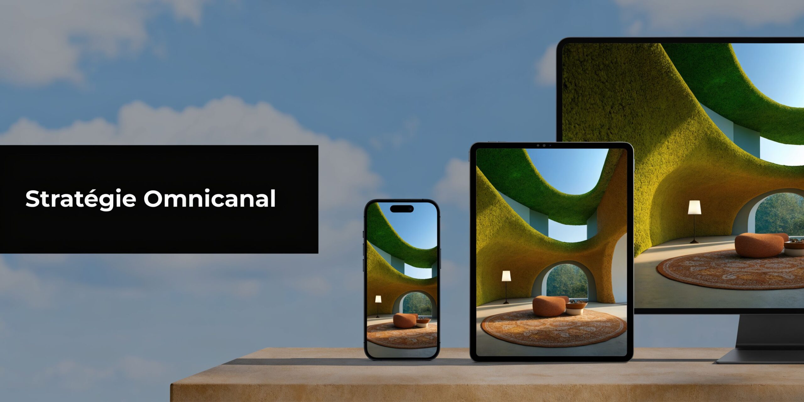 Visualisation d'une stratégie omnicanale sur smartphone, tablette et écran d'ordinateur avec un design intérieur 3D moderne.