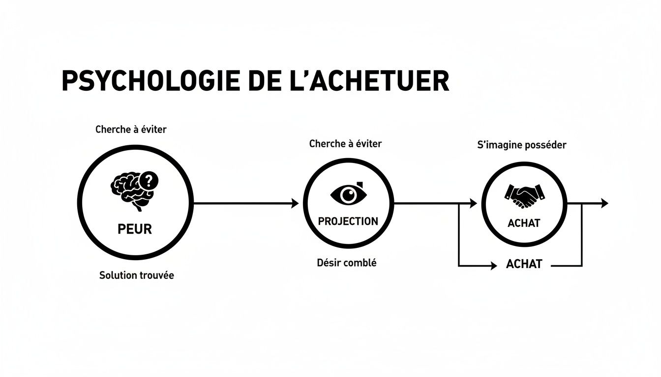 Diagramme de la psychologie de l'acheteur illustrant le parcours du consommateur de la peur à la projection et à l'achat.