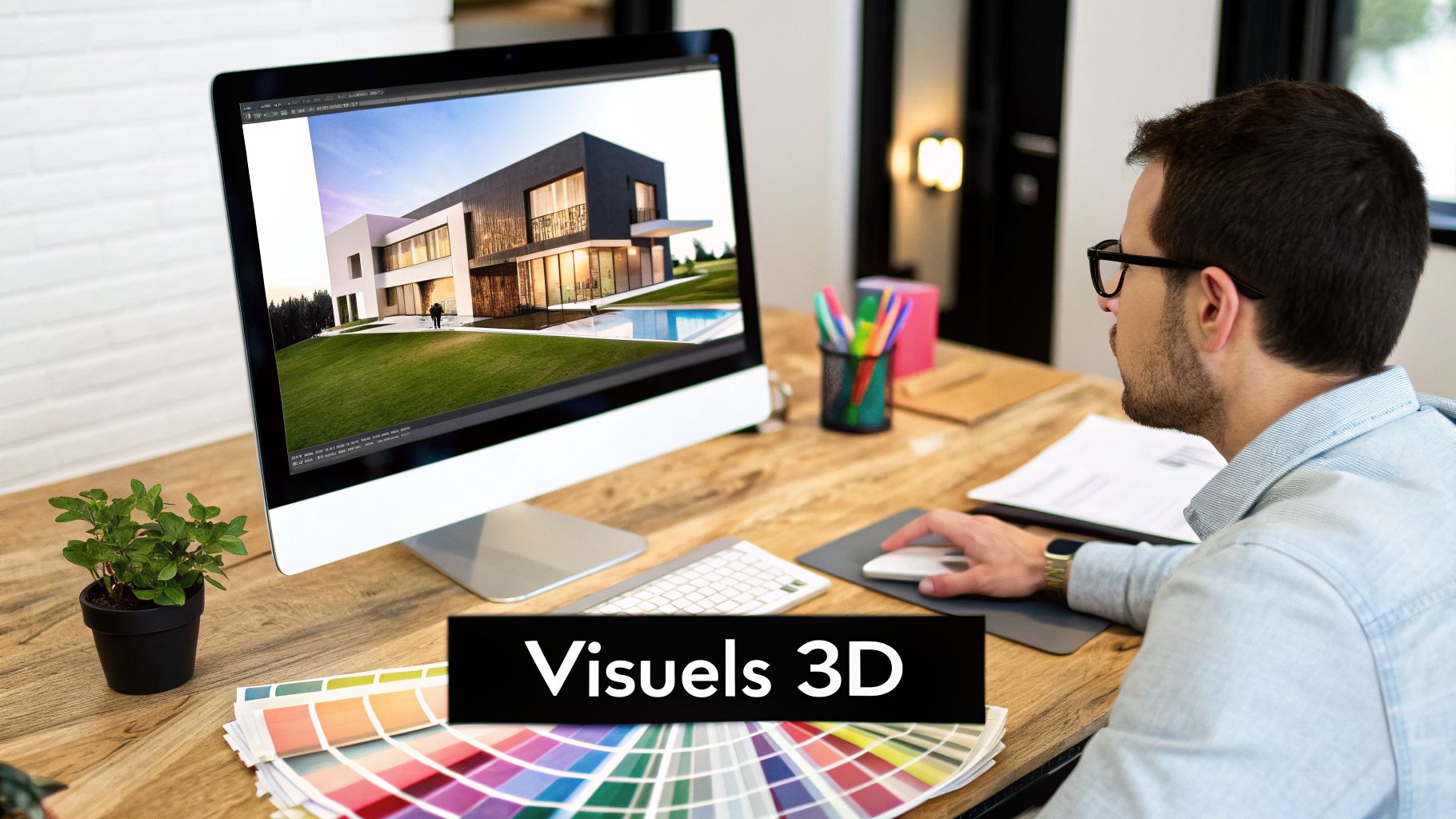 Un homme crée des visuels 3D d'une maison moderne sur un ordinateur, avec des échantillons de couleurs sur le bureau.