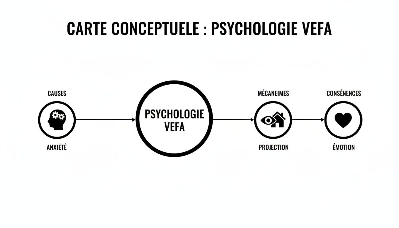 Carte conceptuelle illustrant les causes, mécanismes et conséquences de la psychologie VEFA sur l'anxiété, la projection et l'émotion.