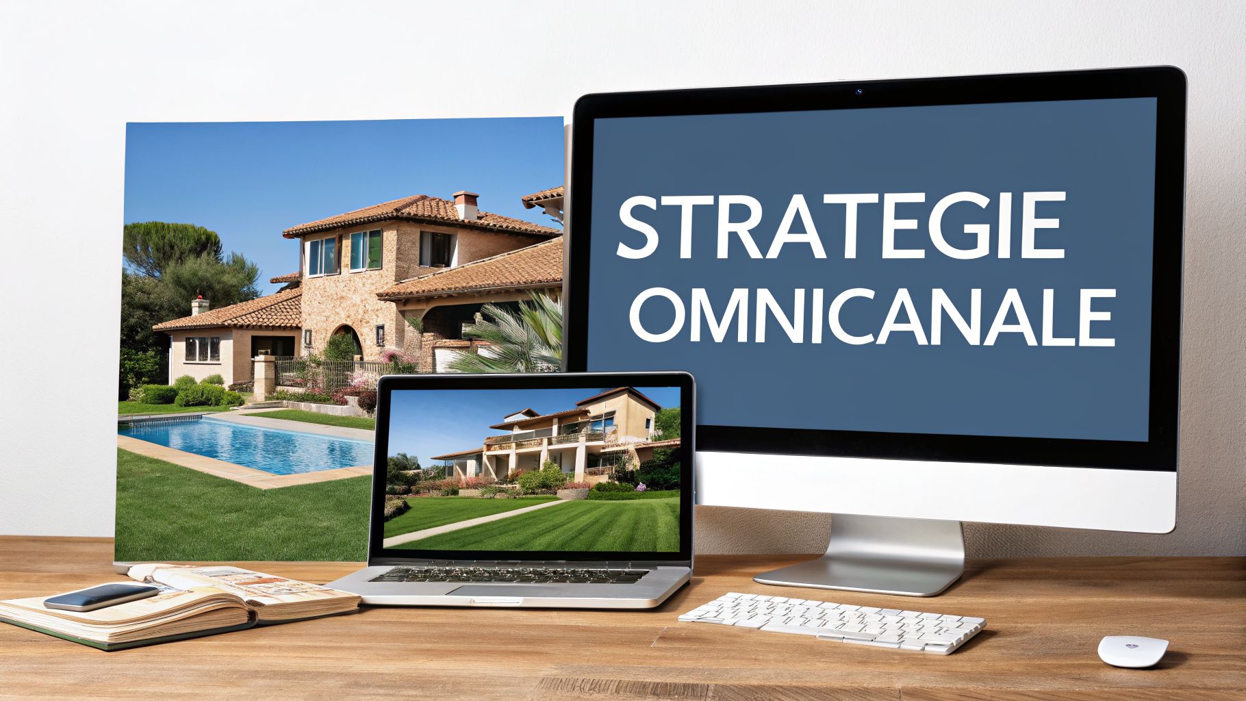 Bureau avec moniteur, ordinateur portable et affiche présentant une maison de luxe et la 'Stratégie Omnicanale'.