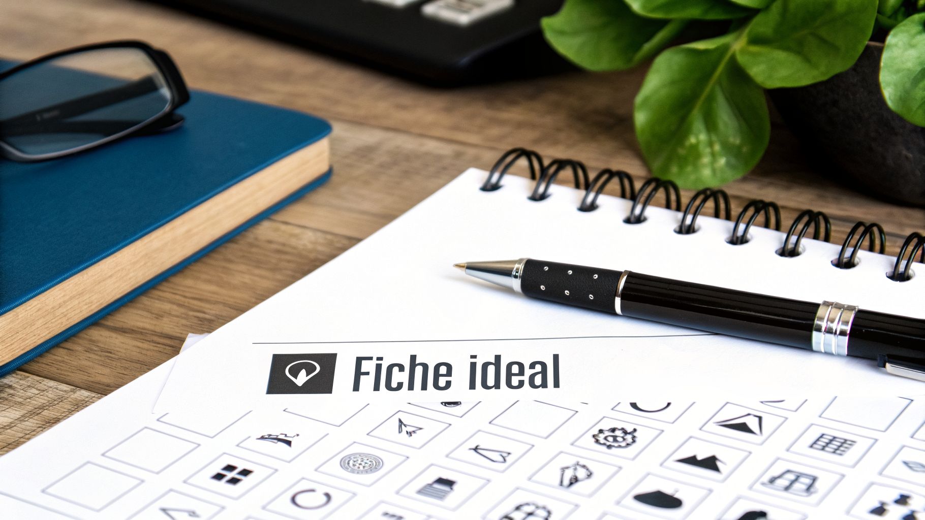 Un bureau avec un carnet à spirales, un stylo, des lunettes et un document intitulé 'Fiche ideal'.