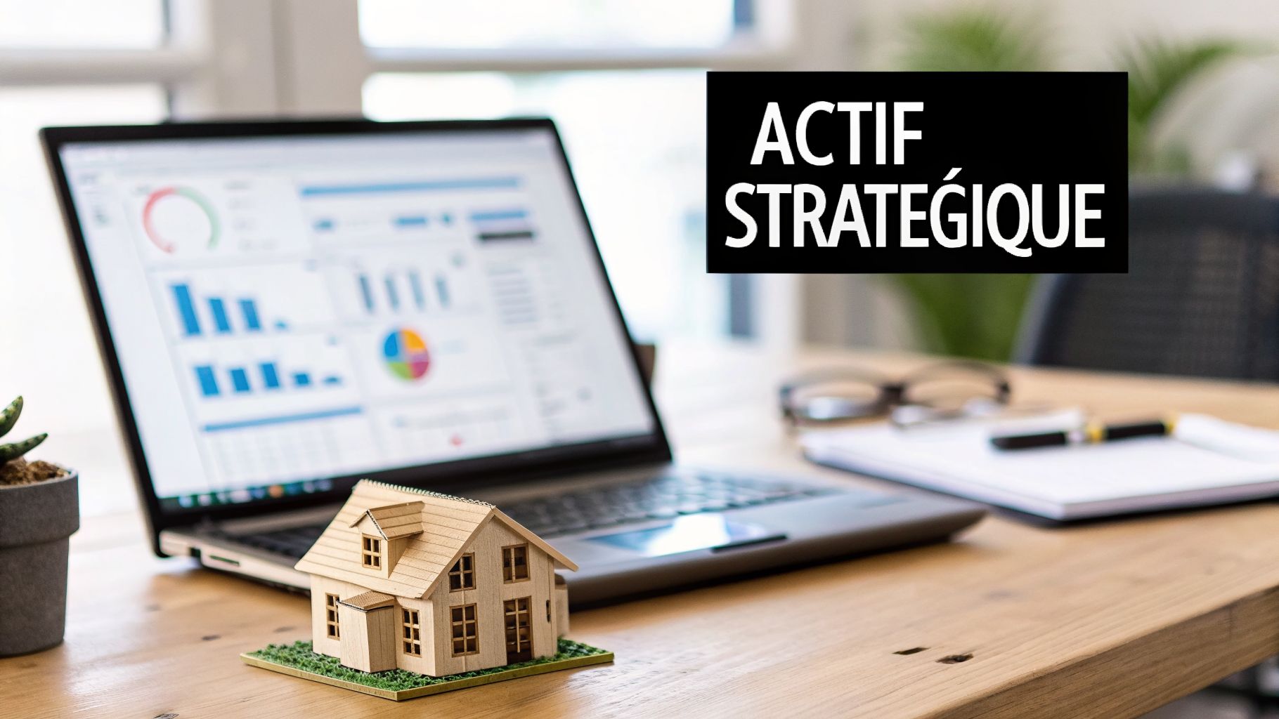 Un ordinateur portable affichant des graphiques financiers, une petite maison en bois et le texte 'ACTIF STRATÉGIQUE' sur un bureau en bois.