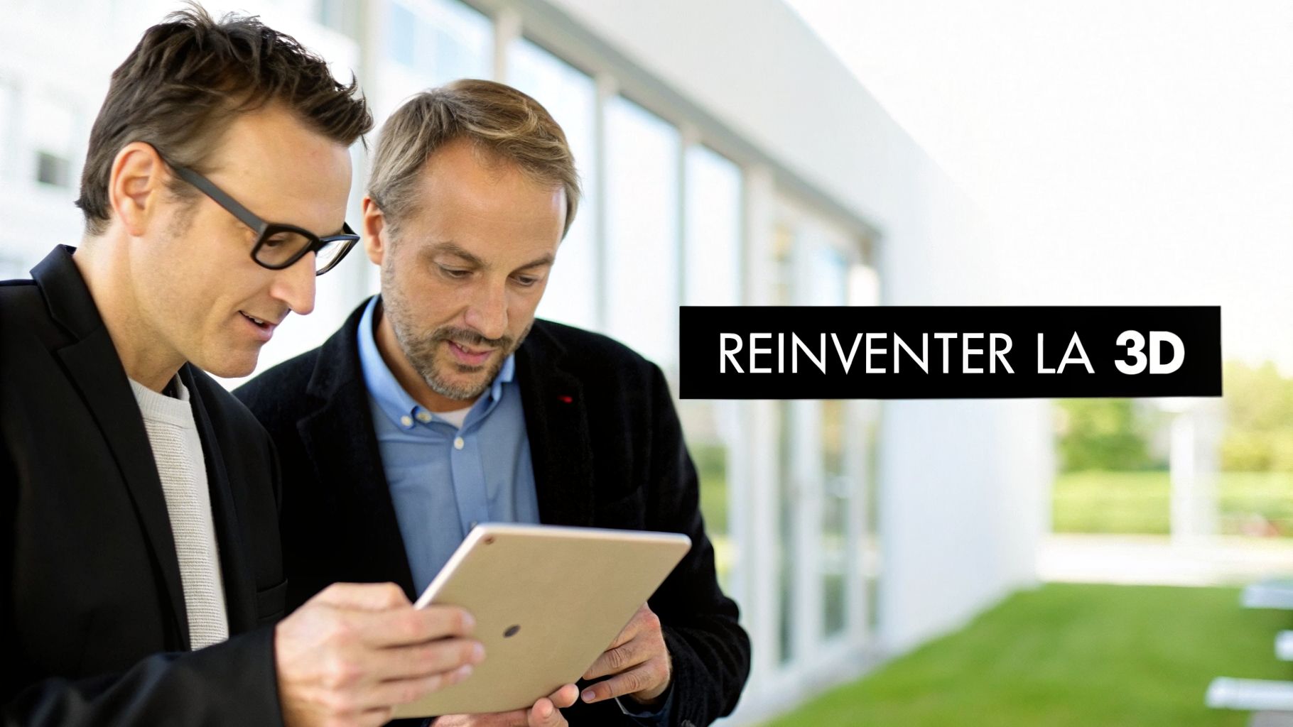 Deux hommes d'affaires analysent des données sur une tablette numérique, avec le texte « Réinventer la 3D ».