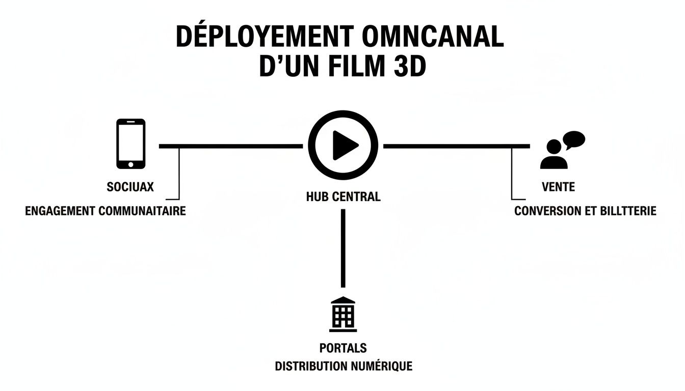 Diagramme de déploiement omnicanal pour un film 3D, incluant médias sociaux, hub central, vente et portails numériques.