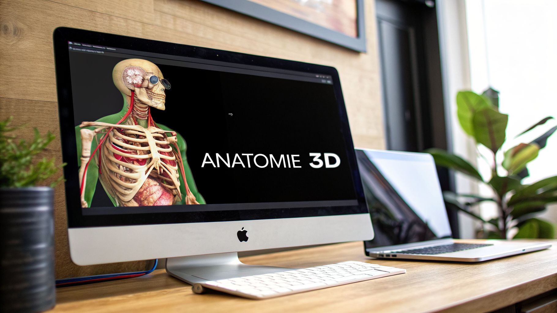 Un iMac affiche un modèle d'anatomie 3D avec squelette et organes, sur un bureau en bois.