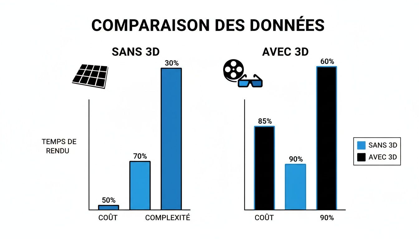 Graphique à barres comparant le coût et la complexité du rendu avec et sans 3D, incluant les temps de rendu.