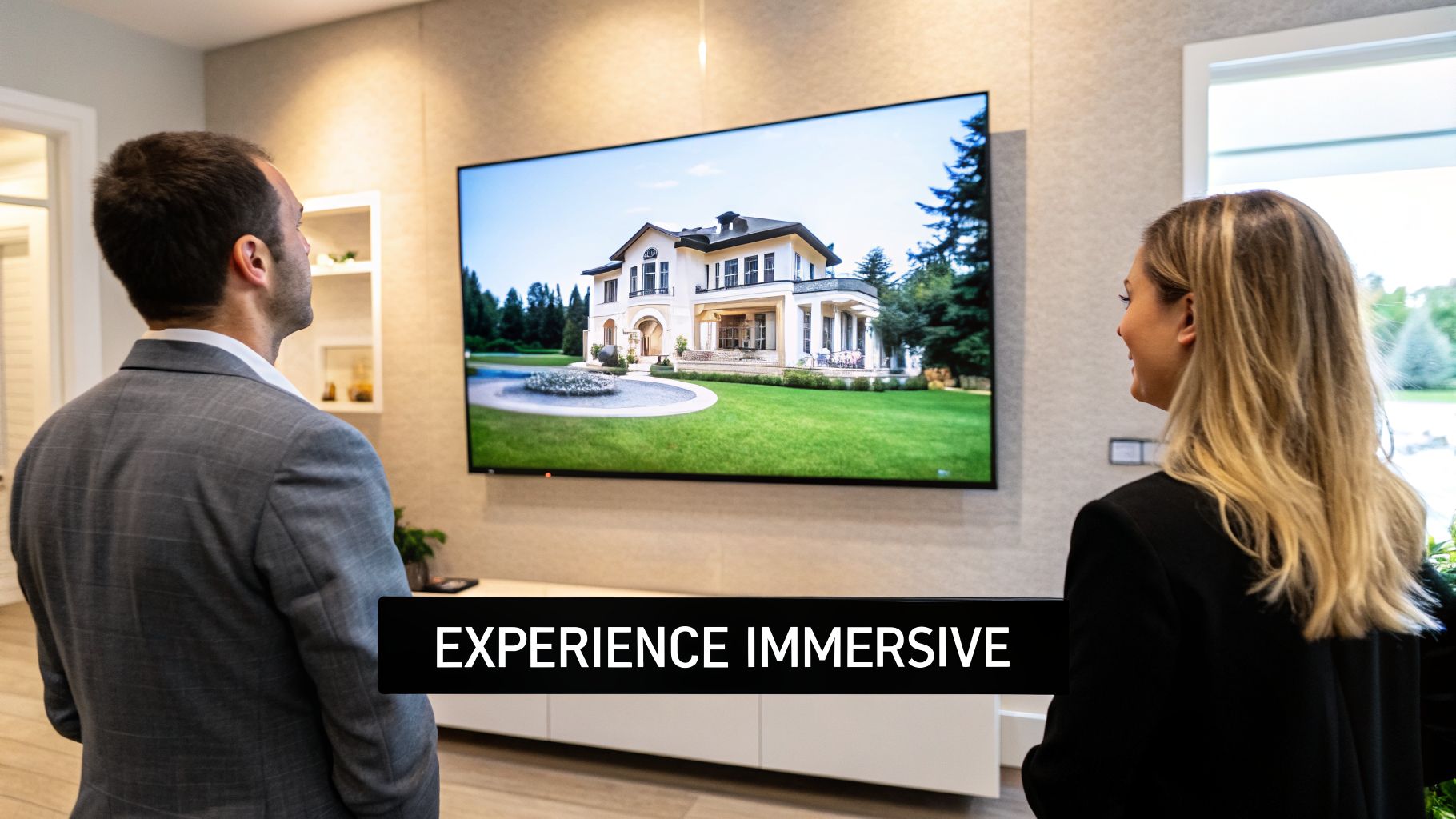 Homme et femme regardant un grand téléviseur affichant une maison luxueuse, pour une expérience immersive.