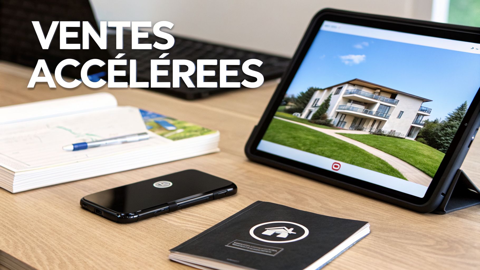 Image d'une tablette affichant un immeuble moderne, un smartphone, un carnet et un livret sur un bureau en bois, avec le texte 'VENTES ACCÉLÉRÉES'.