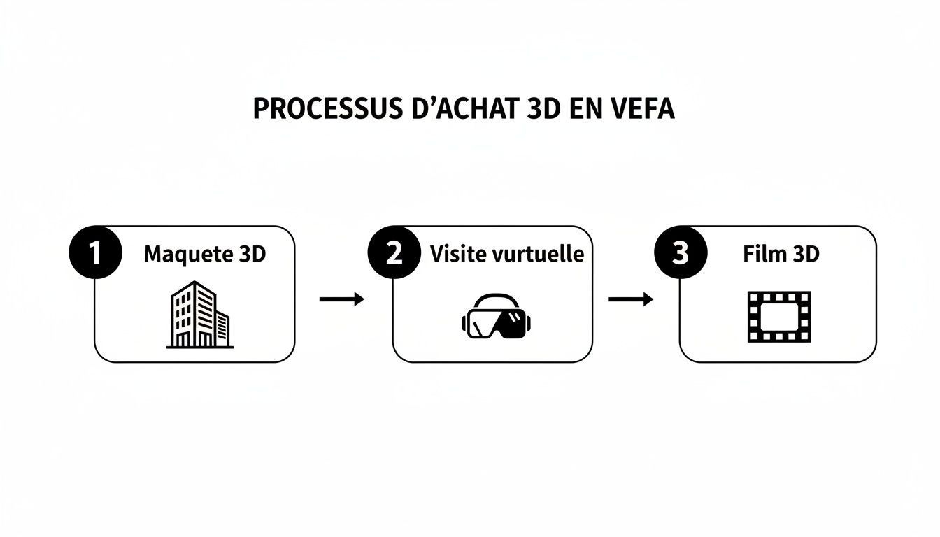 Diagramme illustrant le processus d'achat 3D en VEFA, incluant maquette 3D, visite virtuelle et film 3D.
