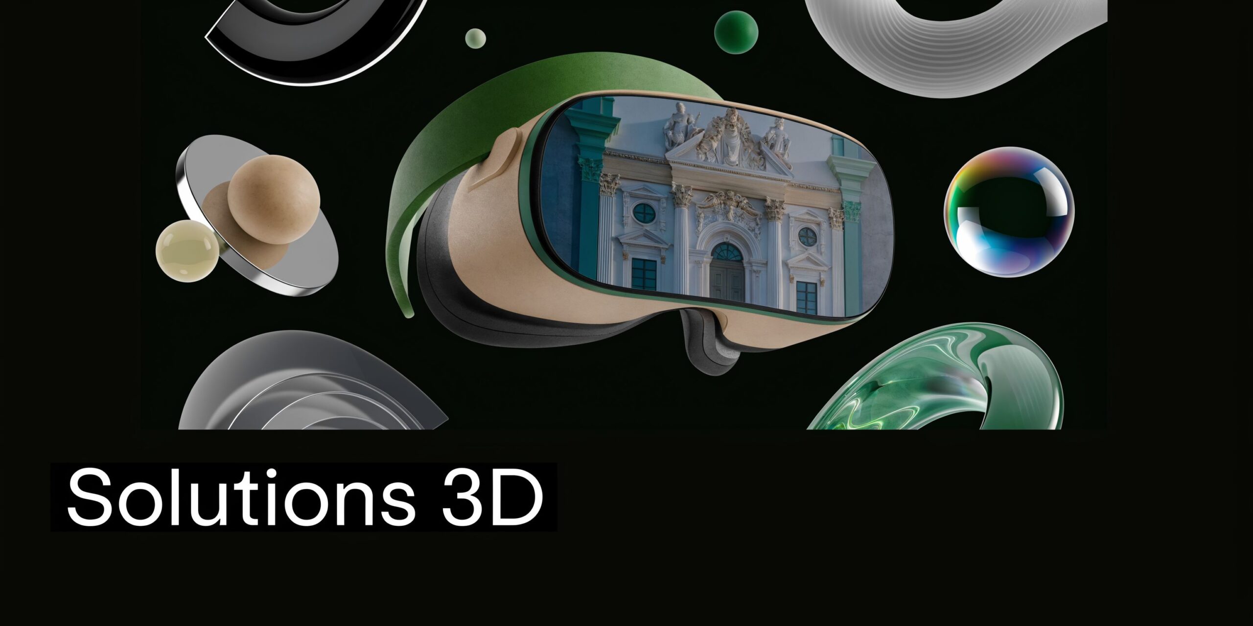 Casque de réalité virtuelle affichant une architecture classique sur un fond noir entouré d'éléments décoratifs 3D.