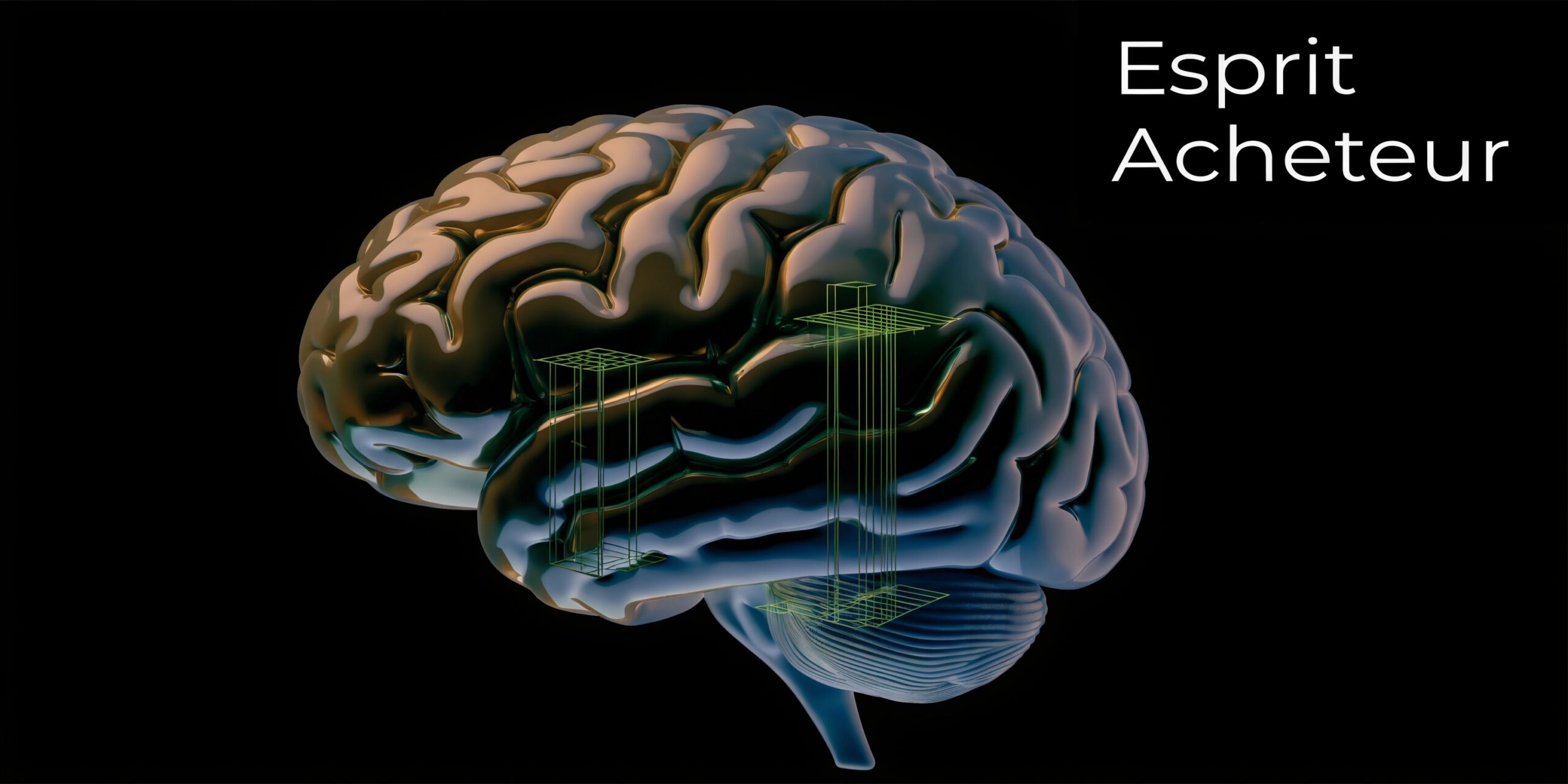 Représentation 3D stylisée d'un cerveau humain avec des éléments graphiques techniques sur un fond noir.