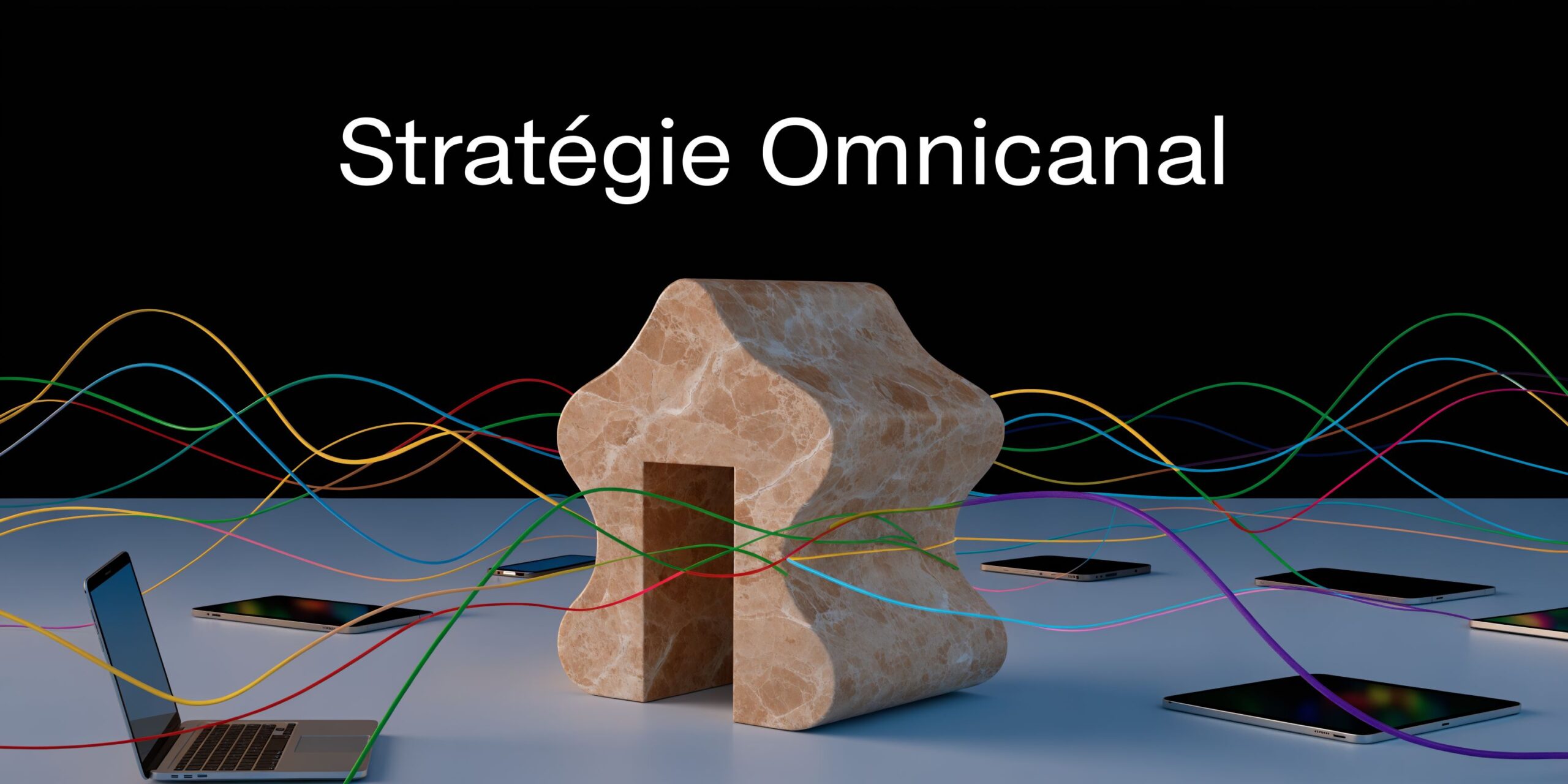 Une illustration 3D représentant une maison en marbre entourée d'appareils connectés reliés par des lignes colorées fluides.